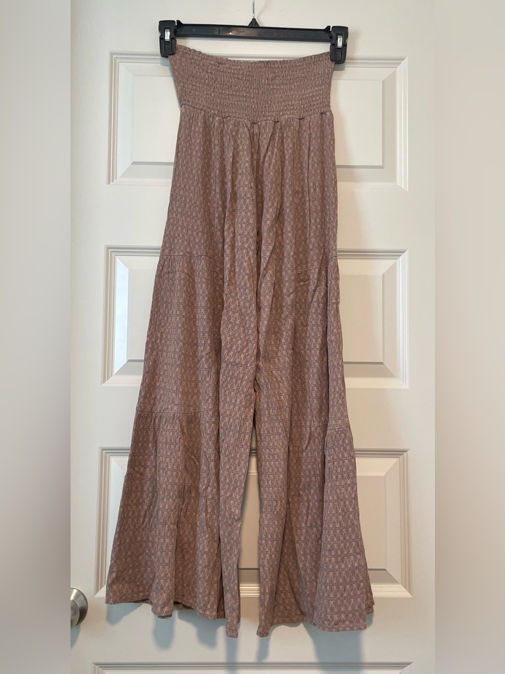 Böhme Smocked Waist High-Waisted Wide Leg Tiered Boho Pants in Mauve
